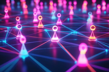 Futuristic digital network featuring diverse 3D avatars connected by glowing neon lines in a vibrant setting. Generative AI