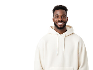 A Cheerful Man in a Cream Hoodie Exudes Effortless Chic: Blending Comfort and Elegance for a Stylish and Inviting Look
