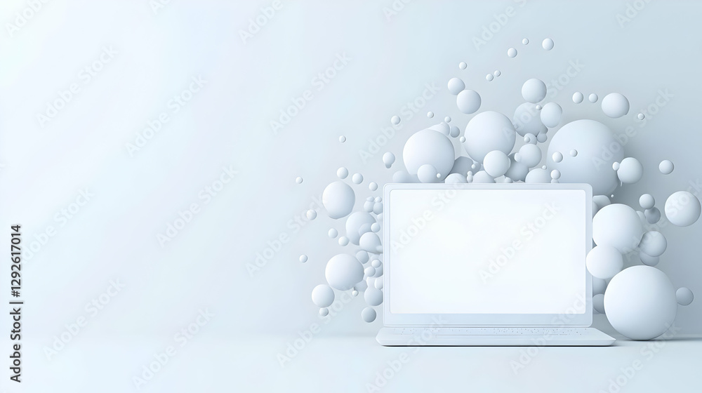 Poster modern laptop displaying blank screen with 3d circles background