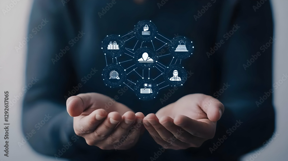 Poster hands holding digital network icons representing connection and technology