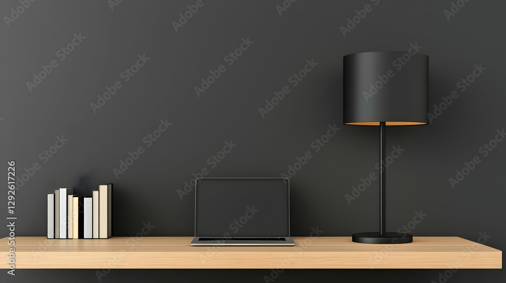 Poster minimalistic workspace design with laptop and modern lamp