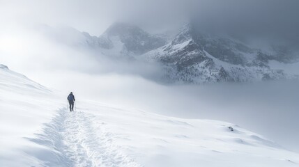 Snow-covered mountain path with a lone hiker trekking through the winter wilderness, crisp and serene atmosphere
