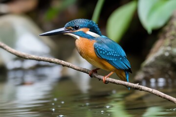 Obraz premium Vibrant Blue and Orange Bird Perched on Branch Near Water