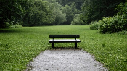 Fototapeta premium Empty park bench on a rainy day; tranquil scene; suitable for relaxation, contemplation, or nature photography
