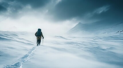 Naklejka premium Snowstorm approaching as a lone trekker battles through icy winds, epic winter expedition