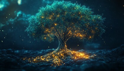 Fototapeta premium Tree of Life with radiant digital networks, representing the blend of technology, ecology, and sustainability in a glowing and interconnected world