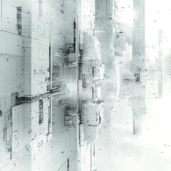 Obraz premium Abstract futuristic cityscape with intricate patterns, digital structures, and ethereal lighting creating a sci-fi atmosphere in a modern design