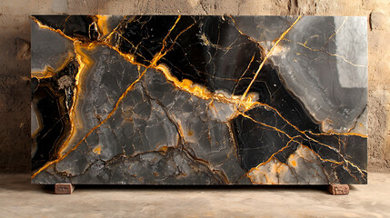 A large black and gold stone slab with a crack in it. generated using AI
