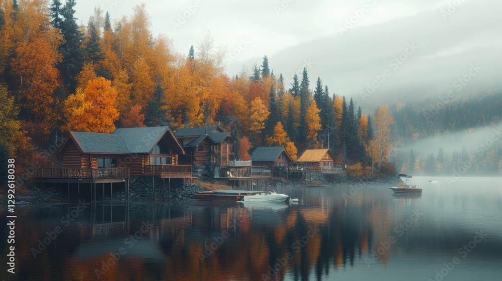 Poster serene lakeside cabins surrounded by autumn foliage at dawn in a peaceful wilderness setting. genera