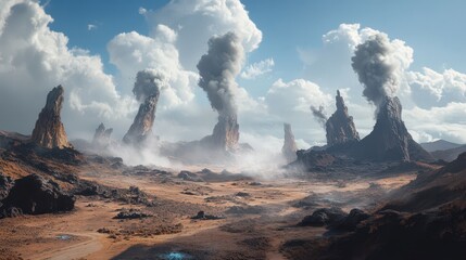 Fototapeta premium Alien Planet Landscape With Smoking Volcanic Peaks
