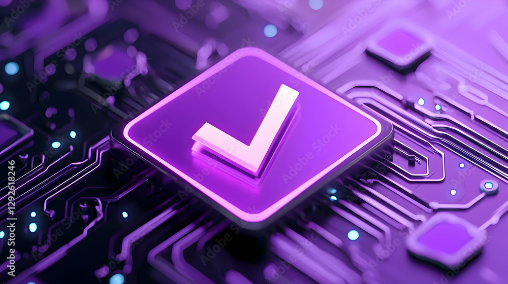 Poster purple checkmark on circuit board background with glow effect