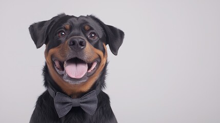 Obraz premium Happy Rottweiler Dog Wearing Bow Tie Against Gray Background. Possible use Stock photo for pet care, animal themes, or cute animals