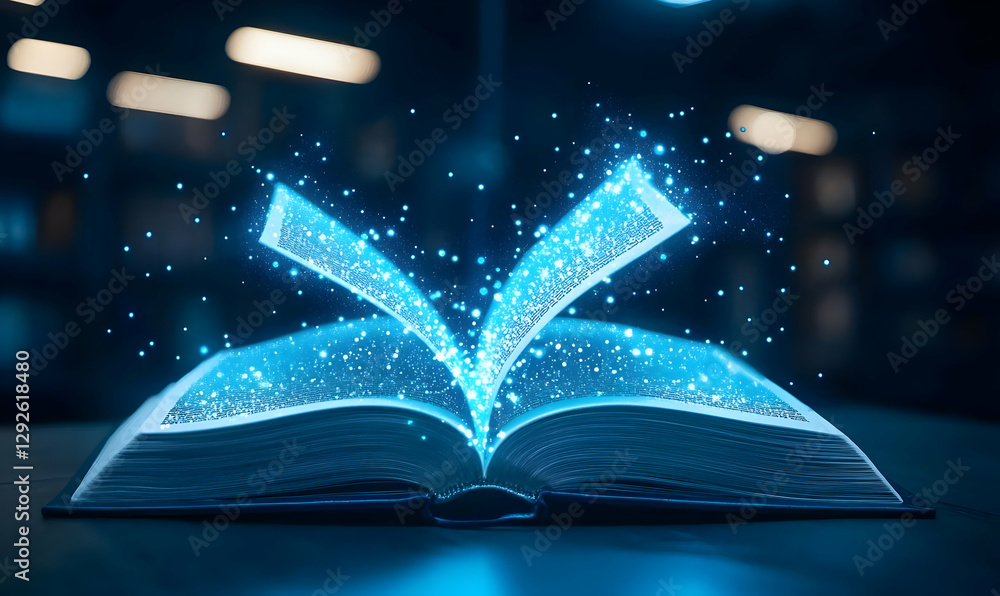 Poster magical open book with glowing sparkles in a dim library setting