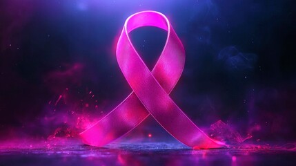 Pink Ribbon Symbol Against Abstract Dark Background Represents Breast Cancer Awareness and Support