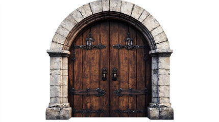 Old wooden doors set isolated on white background. Vector cartoon illustration of medieval building element, stone or brick arch doorway with locked gates, iron doorknobs, ancient architecture design