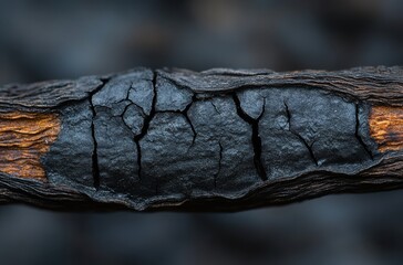 Detailed Macro View of a Charred Log with Visible Cracks and Texture, Highlighting the Effects of Fire and Time on Natural Wood