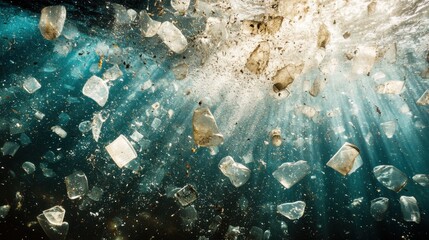 Underwater Scene of Plastic Waste Floating in Ocean with Sunlight Filtering Through Water Surface