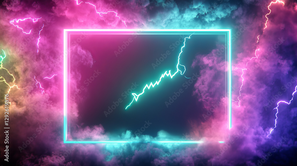 Poster neon lightning effect electric glow frame vector. magic spark border with thunder sign energy. magic