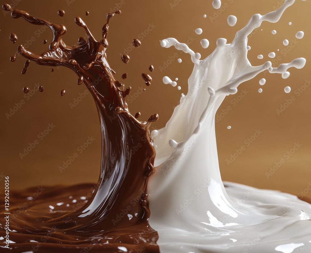 Poster dynamic splash of chocolate and milk creating artistic trendy texture on brown background in delicio