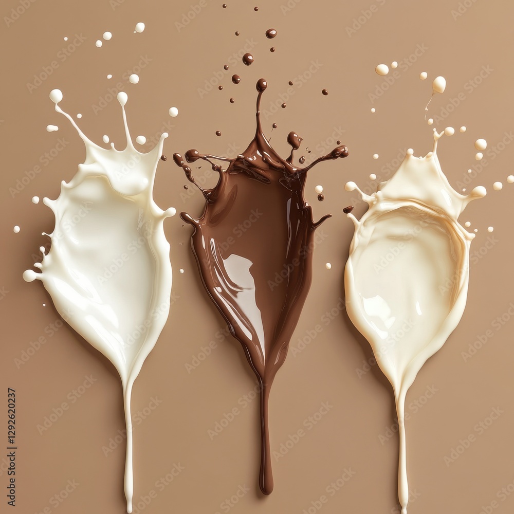 Poster dynamic splashes of milk and chocolate against a soft brown background capturing motion and texture 