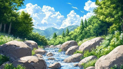 Serene Mountain Stream Flows Through Lush Green Valley
