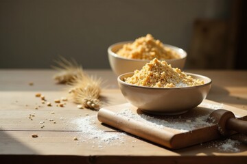 Sunlit Bowls of Golden Granules on Wooden Surface with Flour and Wheat