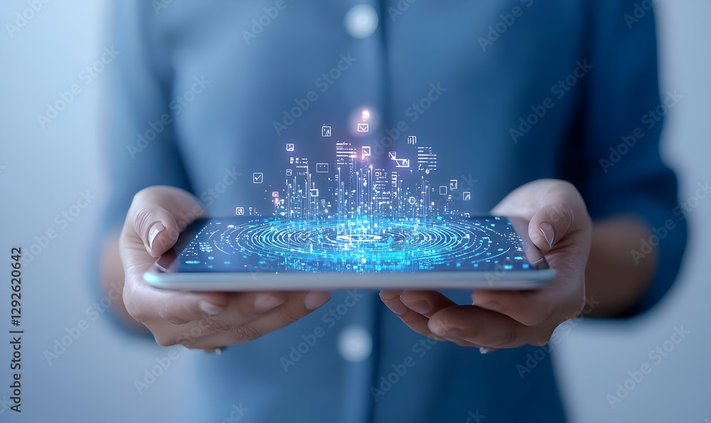 Poster digital transformation concept with tablet and data visualization