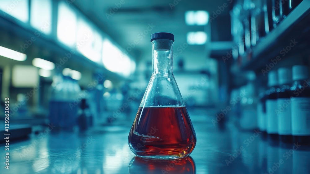 Poster a glass erlenmeyer flask filled with dark red liquid sits on a lab bench. this image depicts scienti