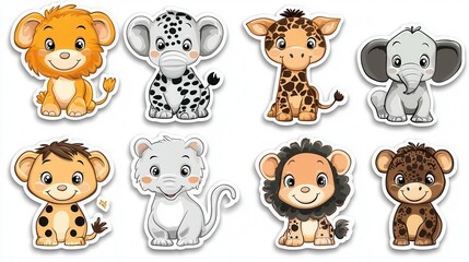 Obraz premium Cute cartoon animals including lions, elephants, and giraffes on white isolated background.