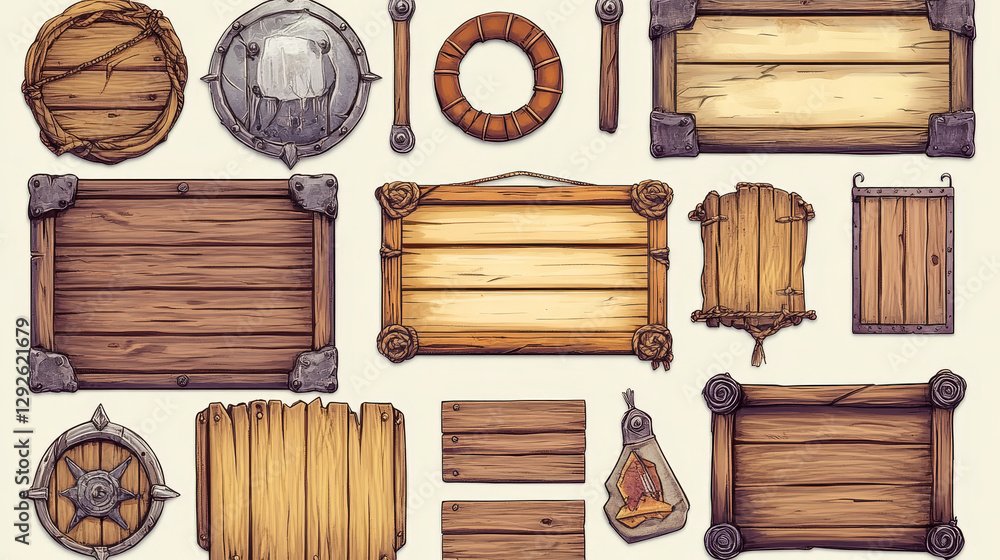 Poster wooden frames and boards with copy space, score bars for game user interface design. cartoon set of 