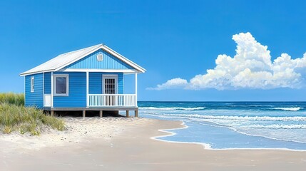 Cozy blue beach house by the sea, with white sand and clear blue sky.
