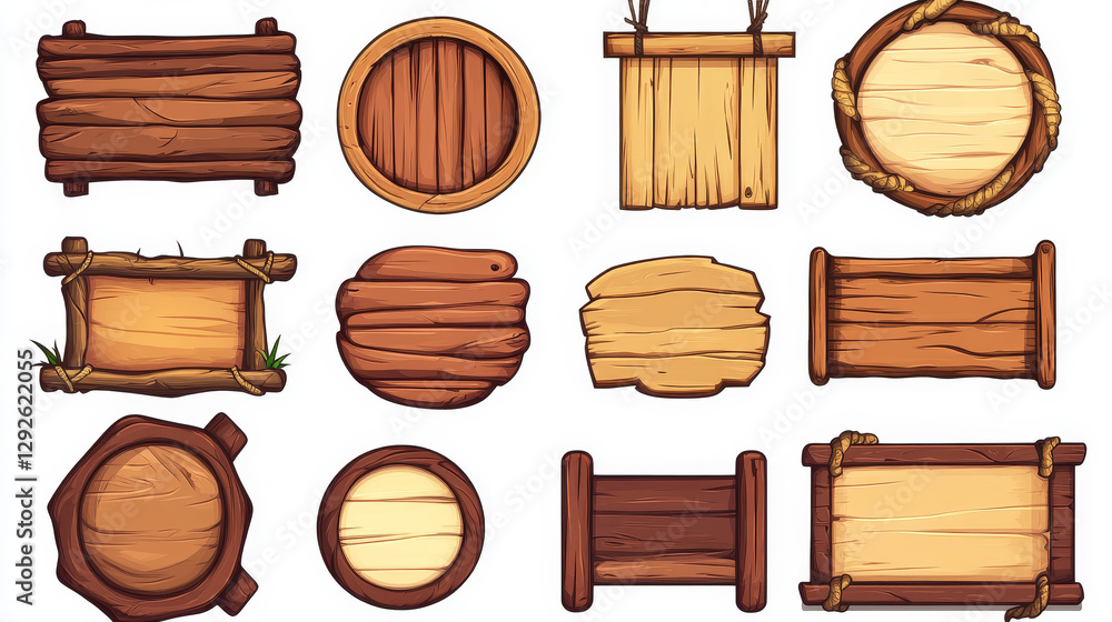 Poster wooden frames and boards with copy space, score bars for game user interface design. cartoon set of 