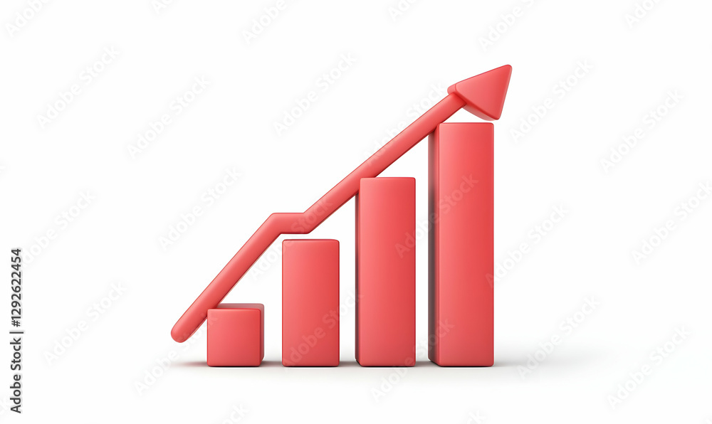 Poster red bar chart with arrow illustrating growth and progress metrics