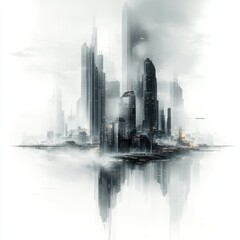 Fototapeta premium Futuristic city skyline with towering buildings and misty atmosphere reflecting in calm waters at dawn, showcasing urban architecture and innovation