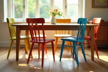 Obraz premium Brightly colored chairs around a wooden table bathed in sunlight