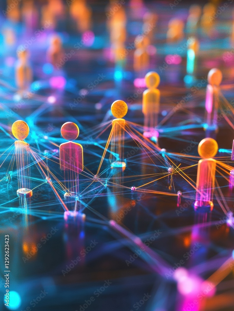 Aufkleber Colorful 3D avatars connect through glowing network lines in a vibrant digital social media environment. Generative AI