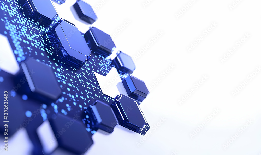 Poster abstract hexagonal pattern with glowing blue elements on white background