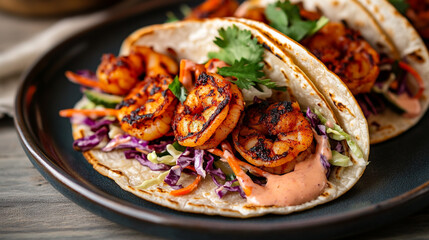  spicy shrimp tacos with cabbage slaw and creamy sauce eat food meal cook lunch plate tasty