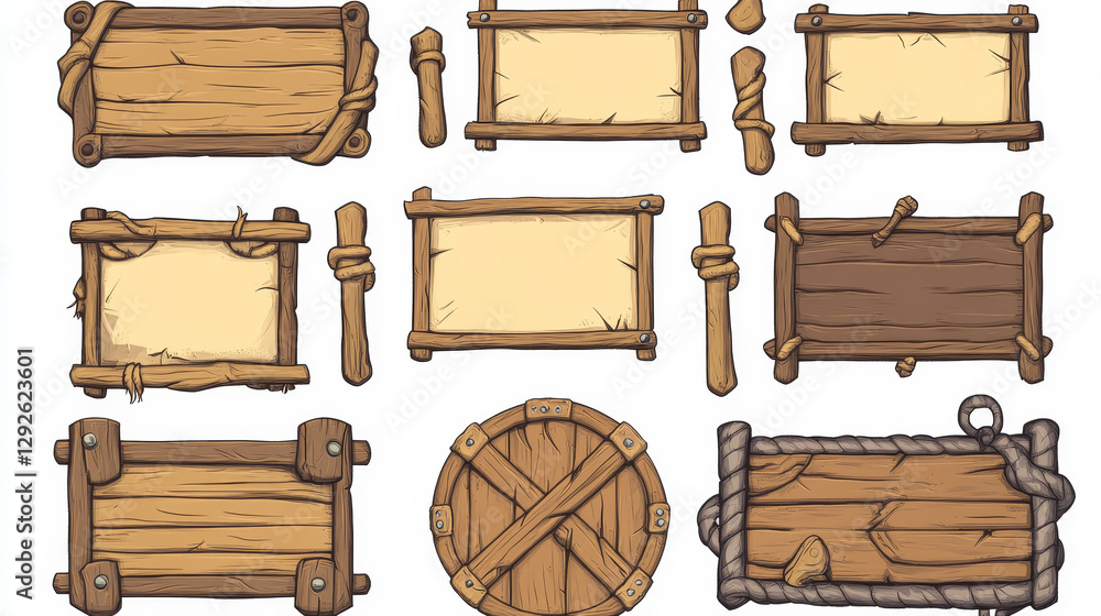 Aufkleber wooden frames and boards with copy space, score bars for game user interface design. cartoon set of 