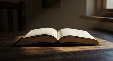 Sunlight embraces an open book resting on a wooden table near a window in a quiet room, World book day photo theme