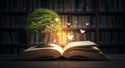 Magical tree emerges from open book surrounded by glowing butterflies in a cozy library setting, World book day photo illustration