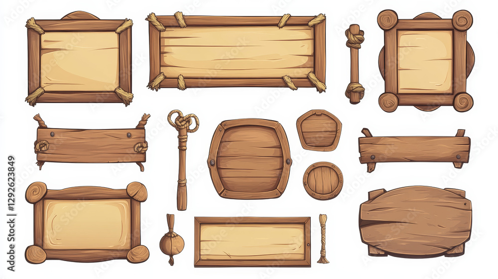 Poster wooden frames and boards with copy space, score bars for game user interface design. cartoon set of 