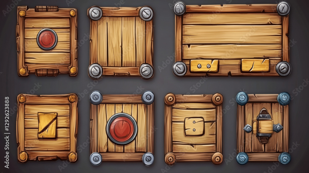 Poster wood pirate ui game frame and board button vector. wooden texture menu interface with arrow, panel a