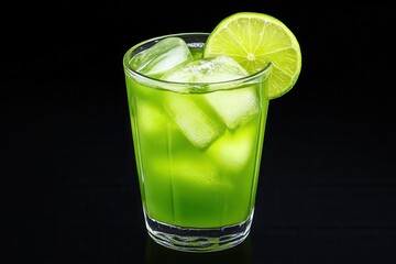 Refreshing Green Cocktail with Lime wedge and Ice cubes