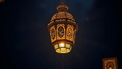 A beautifully lit, ornate lantern hangs against a dark background, casting a warm glow with intricate details
