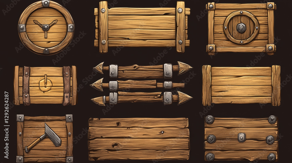 Poster wood pirate ui game frame and board button vector. wooden texture menu interface with arrow, panel a