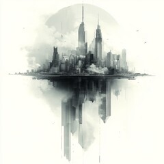 Fototapeta premium Abstract city skyline silhouette with towering buildings reflected in calm waters under a misty sky, creating a dreamlike urban landscape