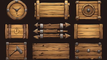 Wood pirate ui game frame and board button vector. Wooden texture menu interface with arrow, panel and signboard 2d shape. Round metal web plank for medieval mobile app. Brown fantasy plate kit