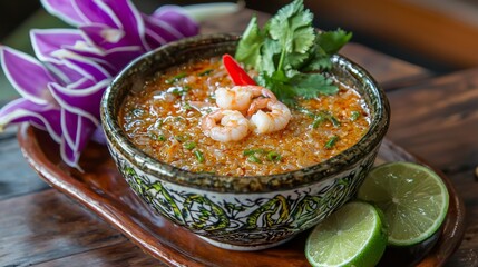 Traditional Thai shrimp paste chili dip with lime and chili garnish. 