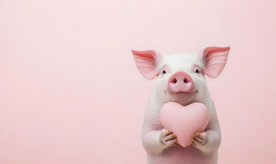 Cute Pig Holding Heart-Shaped Object on Soft Pink Background